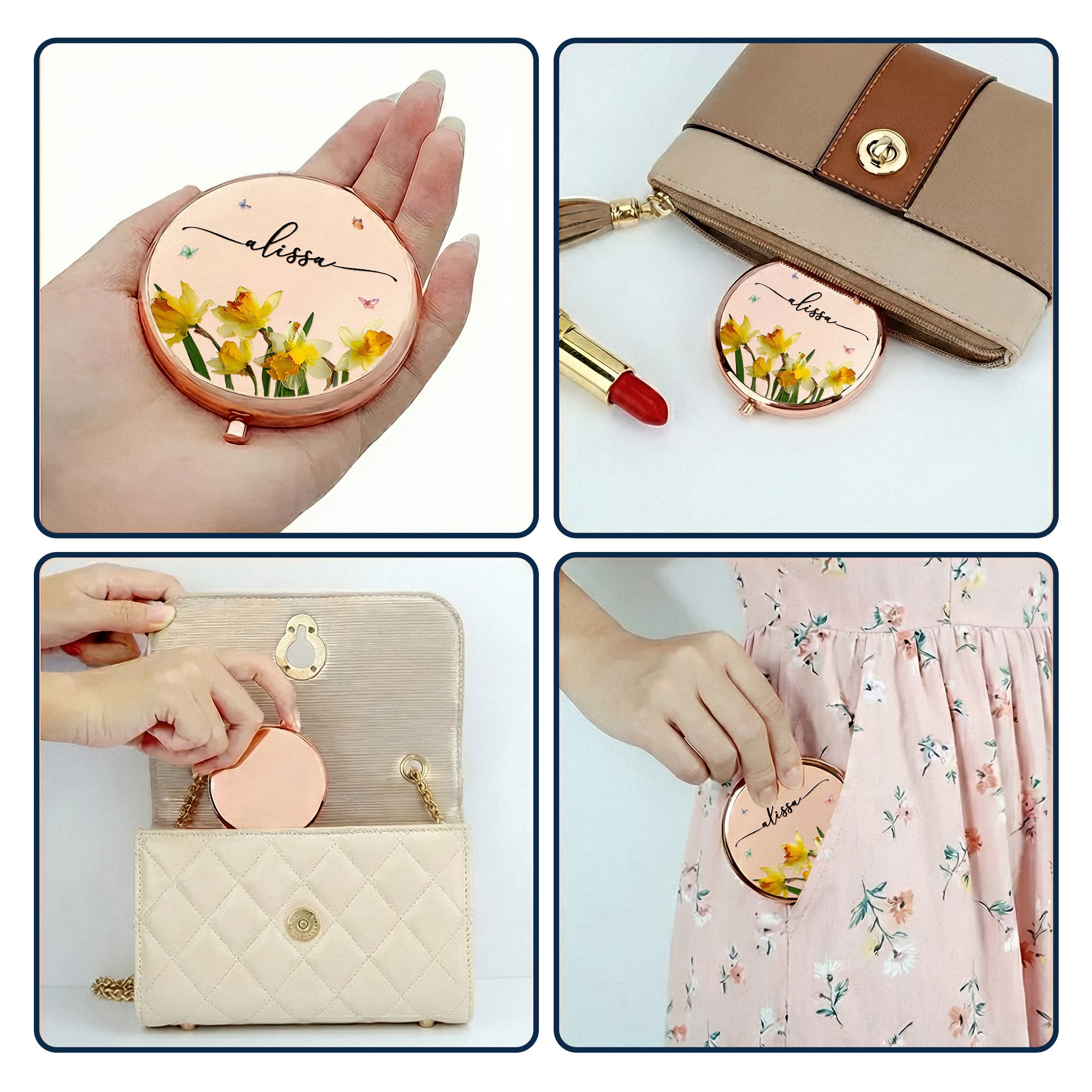 Custom Name & Birth Faux Pressed Flowers Gift For Her - Personalized Compact Mirror