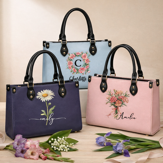 Custom Name & Birth Flower Birthday Gift For Her, Sisters, Daughter, Friends - Personalized Leather Bag