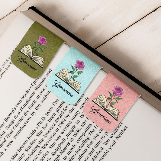 Custom Name & Birth Flower Book Lovers - Personalized Leather Magnetic Bookmark