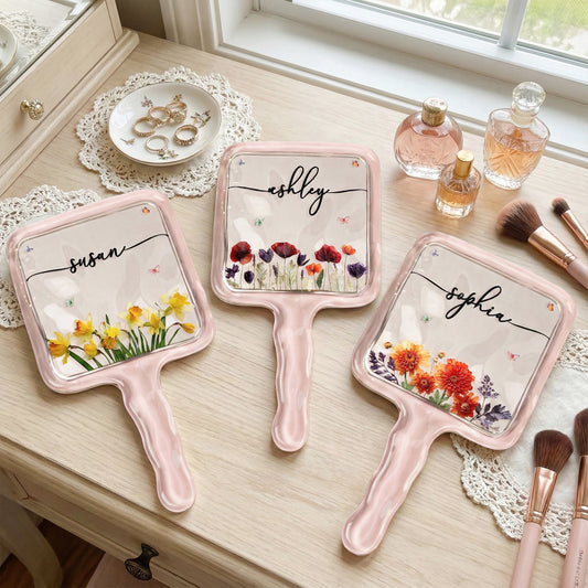 Custom Name & Birth Flower Faux Pressed Flower - Personalized Handheld Mirror