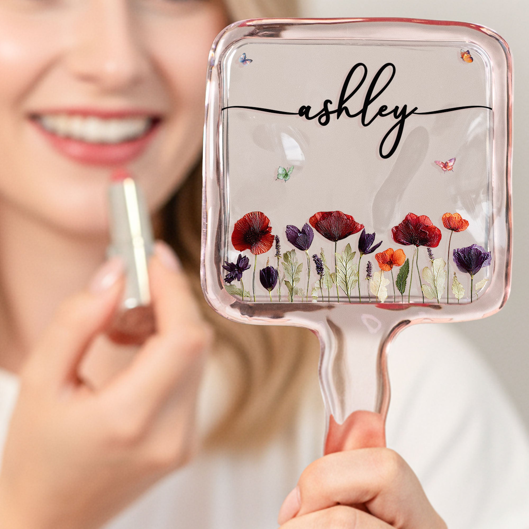 Custom Name & Birth Flower Faux Pressed Flower - Personalized Handheld Mirror