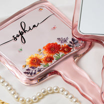Custom Name & Birth Flower Faux Pressed Flower - Personalized Handheld Mirror
