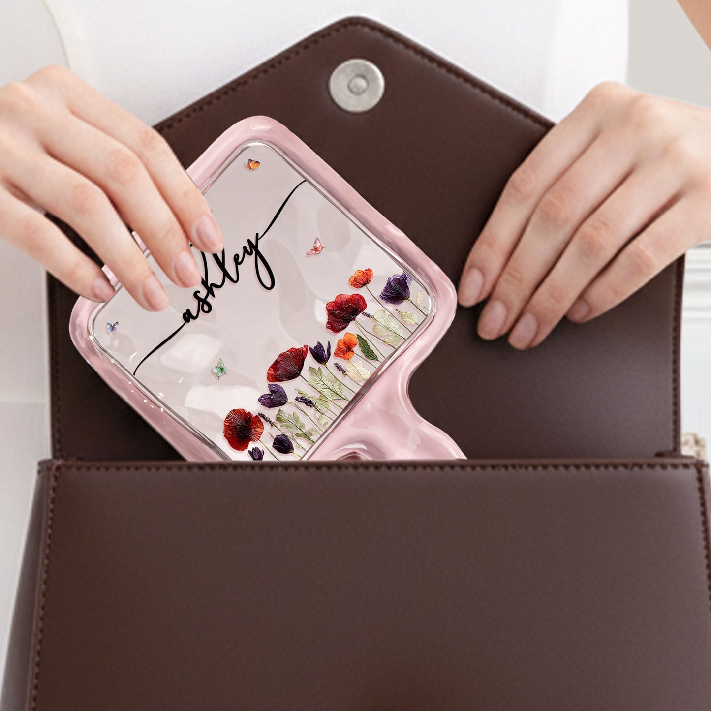 Custom Name & Birth Flower Faux Pressed Flower - Personalized Handheld Mirror