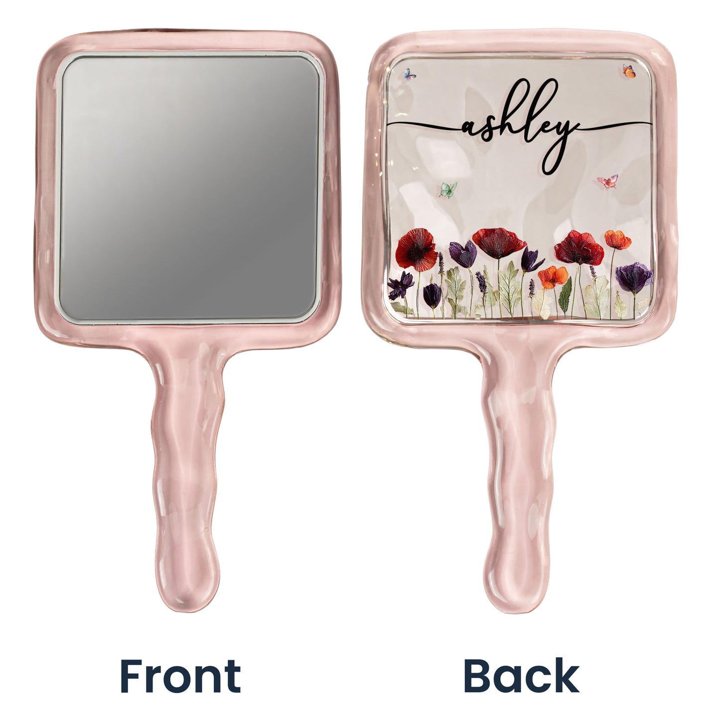 Custom Name & Birth Flower Faux Pressed Flower - Personalized Handheld Mirror