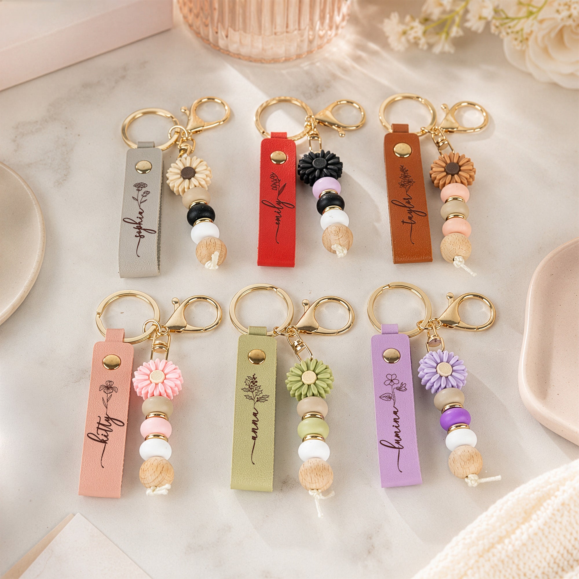 Custom Name & Birth Flower For Her, Sisters, Friends, Teacher, Coworkers - Personalized Beaded Keychain