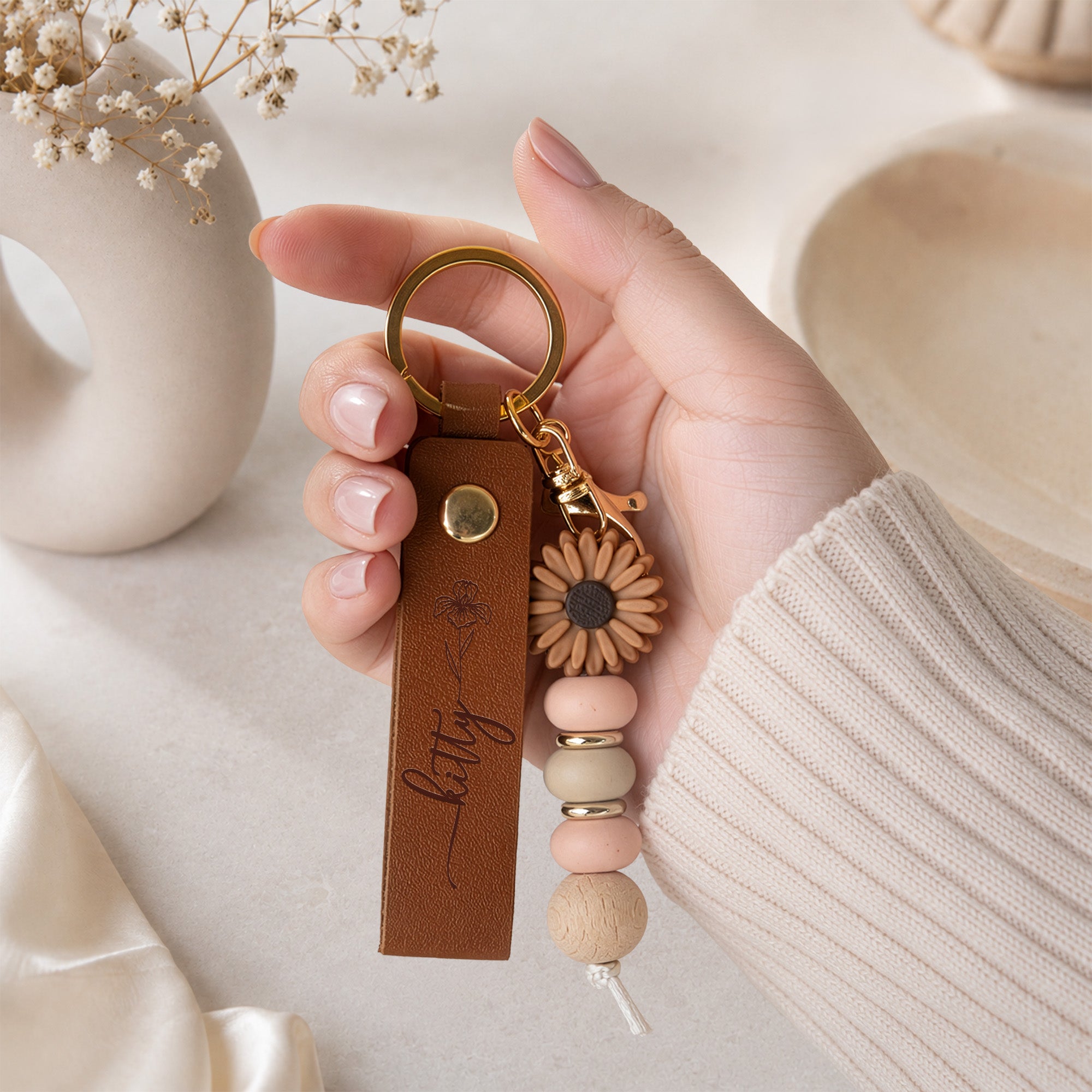 Custom Name & Birth Flower For Her, Sisters, Friends, Teacher, Coworkers - Personalized Beaded Keychain