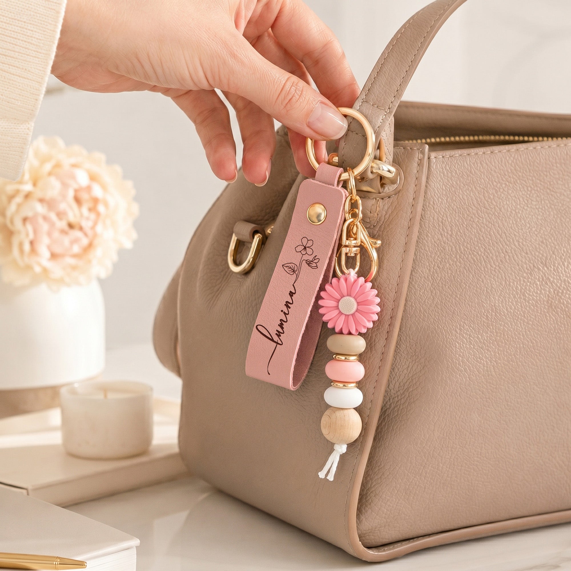 Custom Name & Birth Flower For Her, Sisters, Friends, Teacher, Coworkers - Personalized Beaded Keychain
