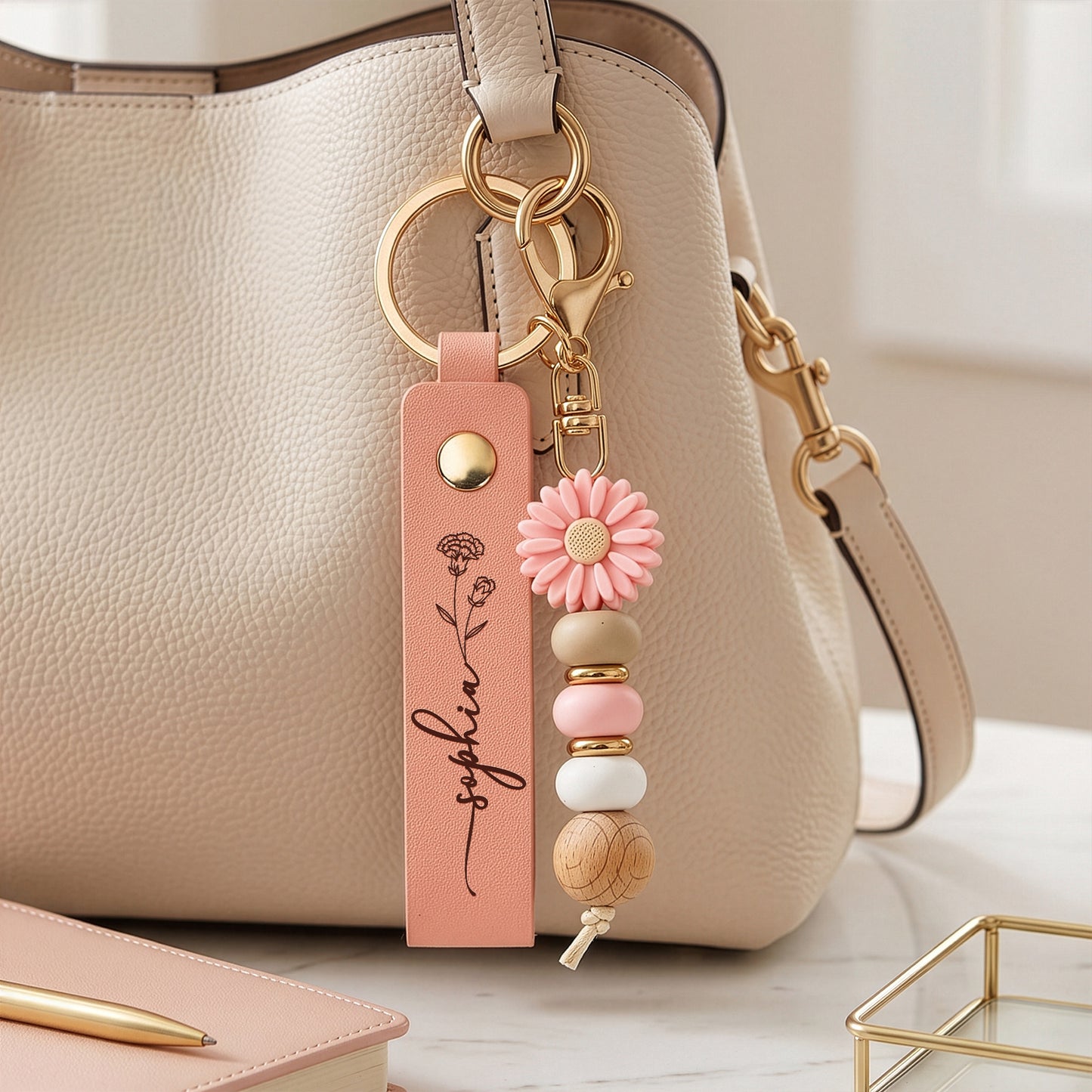 Custom Name & Birth Flower For Her, Sisters, Friends, Teacher, Coworkers - Personalized Beaded Keychain