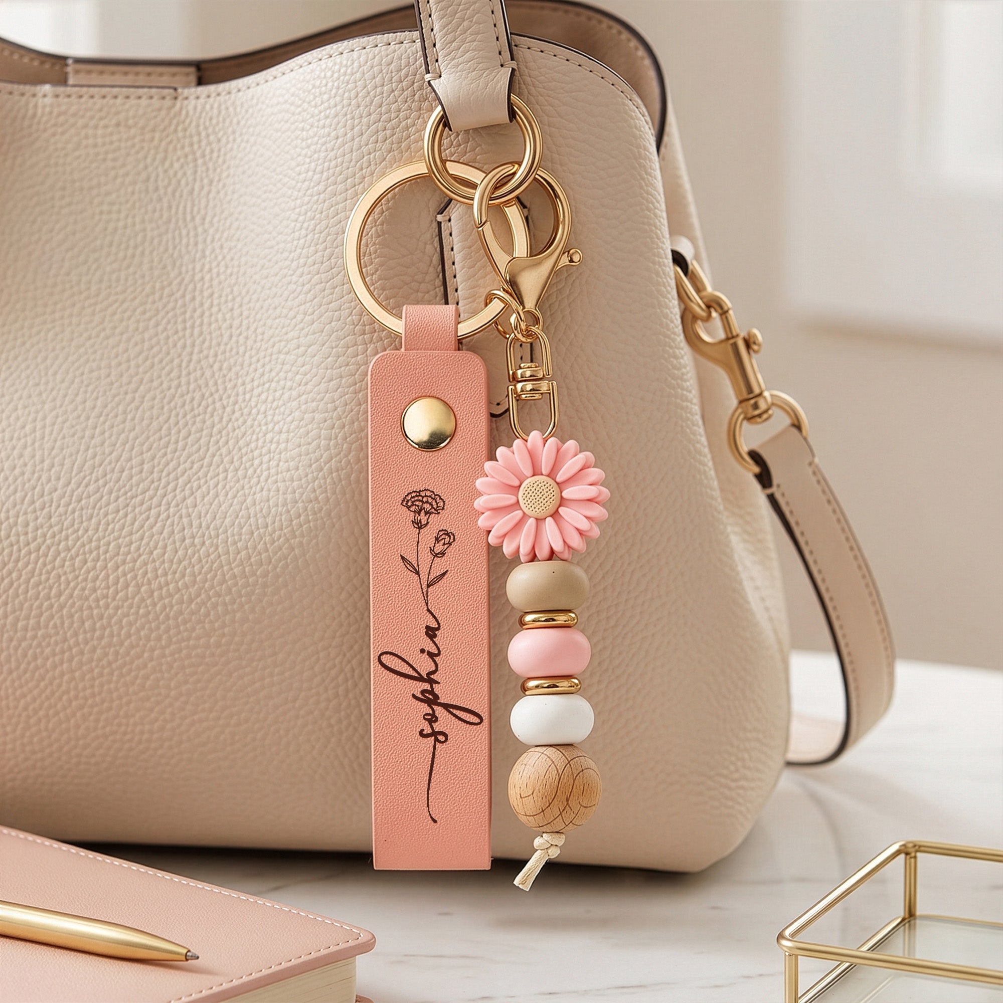 Custom Name & Birth Flower For Her, Sisters, Friends, Teacher, Coworkers - Personalized Beaded Keychain