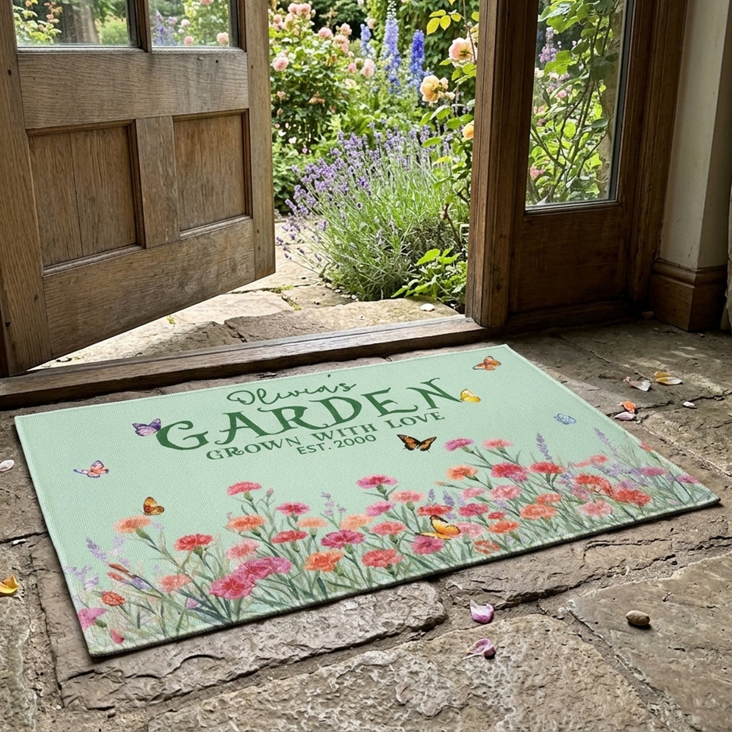 Custom Name & Birth Flower Garden Welcome Mat For Her, Mom, Grandma - Personalized Doormat