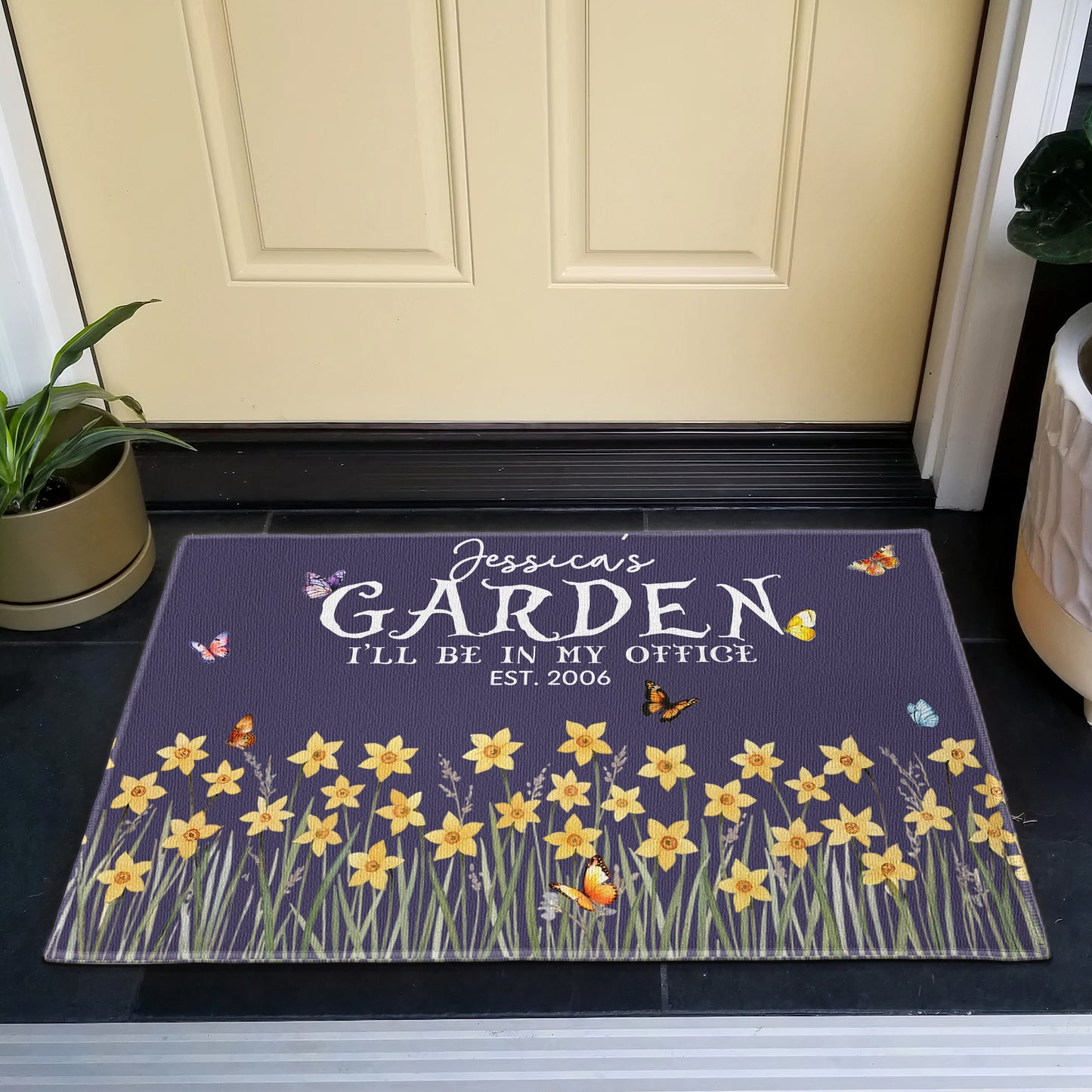 Custom Name & Birth Flower Garden Welcome Mat For Her, Mom, Grandma - Personalized Doormat