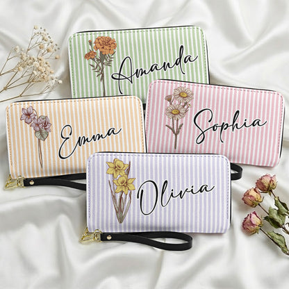 Custom Name & Birth Flower Gift For Her - Personalized Leather Long Wallet