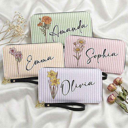 Custom Name & Birth Flower Gift For Her - Personalized Leather Long Wallet
