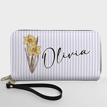 Custom Name & Birth Flower Gift For Her - Personalized Leather Long Wallet