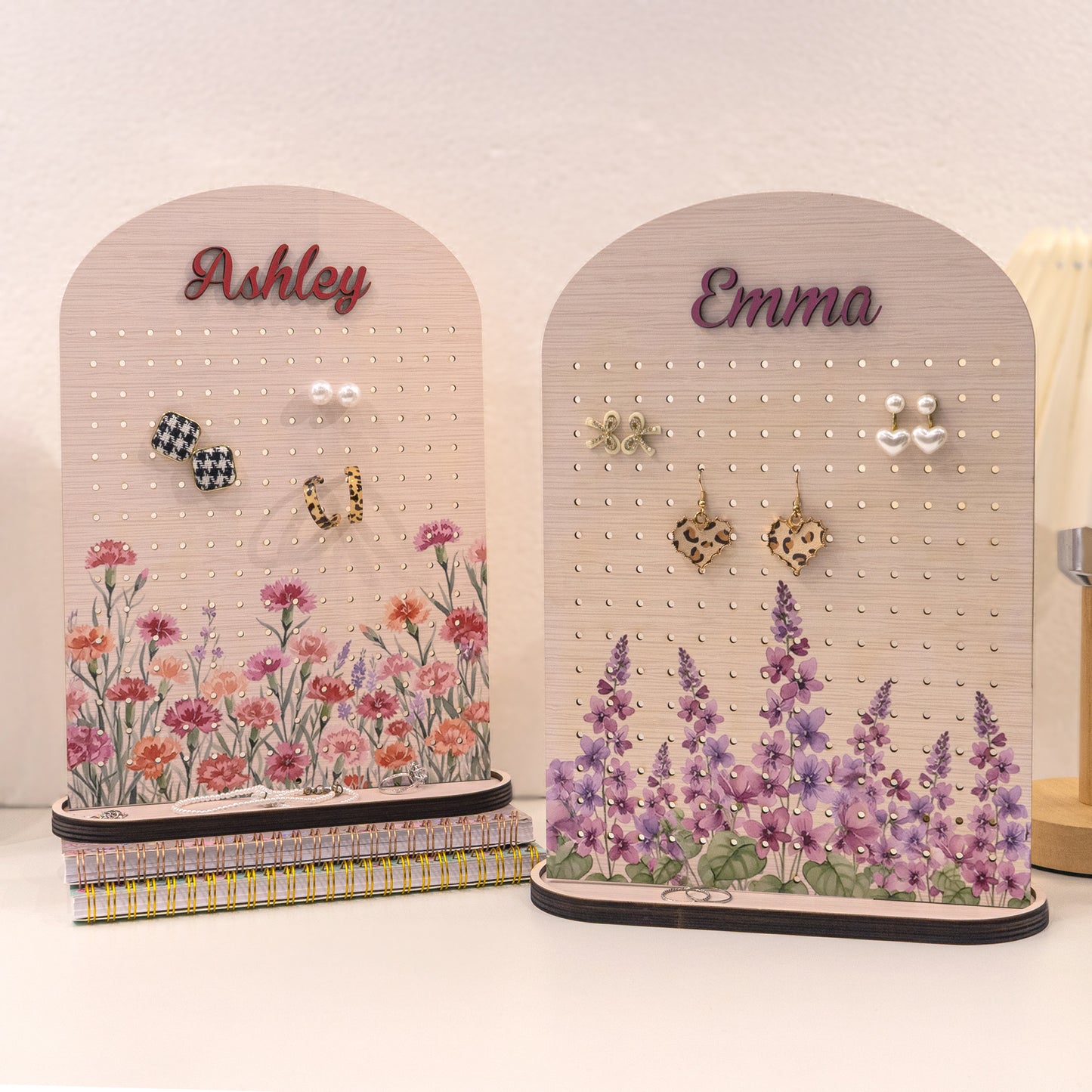 Custom Name & Birth Flower Gift For Her - Personalized Wooden Jewelry Stand