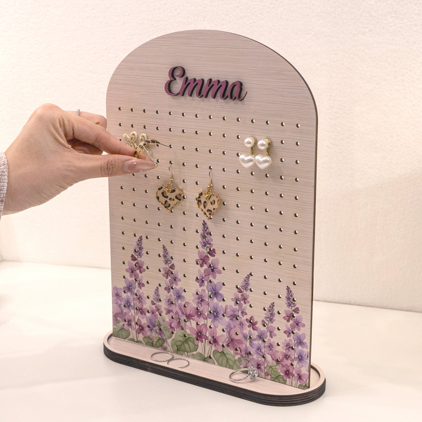 Custom Name & Birth Flower Gift For Her - Personalized Wooden Jewelry Stand