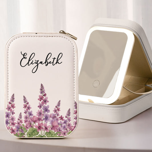Custom Name & Birth Flower Gift For Her, Daughter, Sister - Custom Makeup Box With LED Mirror
