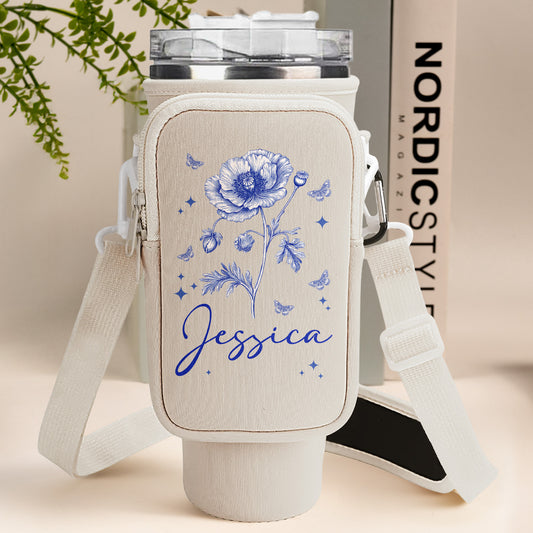 Custom Name & Birth Flower Toile De Jouy - Personalized Water Bottle Carrier Bag With Phone Pocket