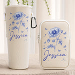 Custom Name & Birth Flower Toile De Jouy - Personalized Water Bottle Carrier Bag With Phone Pocket