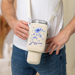Custom Name & Birth Flower Toile De Jouy - Personalized Water Bottle Carrier Bag With Phone Pocket