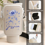 Custom Name & Birth Flower Toile De Jouy - Personalized Water Bottle Carrier Bag With Phone Pocket