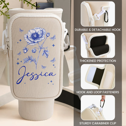 Custom Name & Birth Flower Toile De Jouy - Personalized Water Bottle Carrier Bag With Phone Pocket