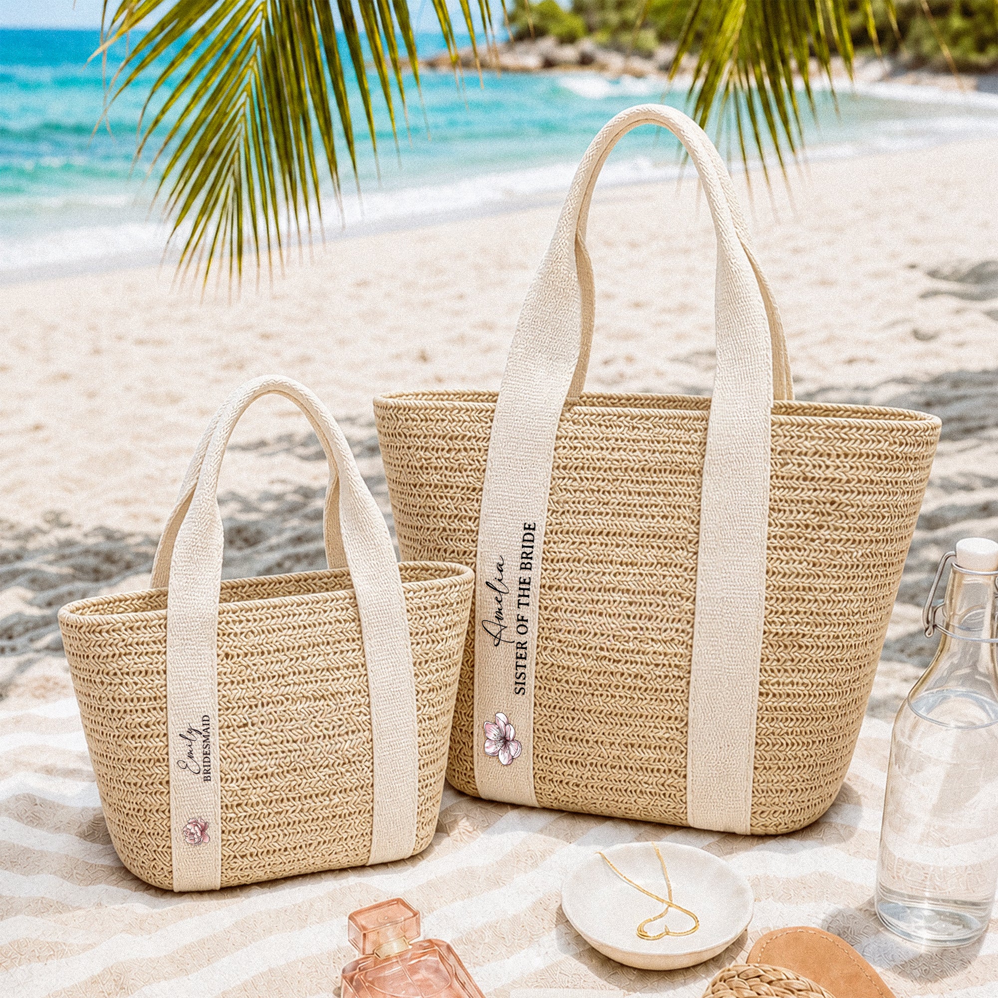 Custom Name & Birth Flower Wedding Gifts For Her, Bridesmaid - Personalized Straw Bag
