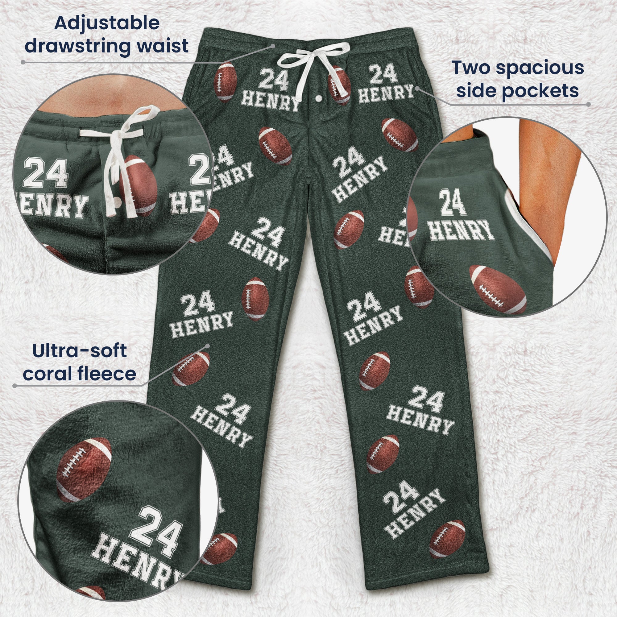 Custom Name, Number Baseball, Basketball, Football, Hockey - Personalized Fleece Pajama Pants