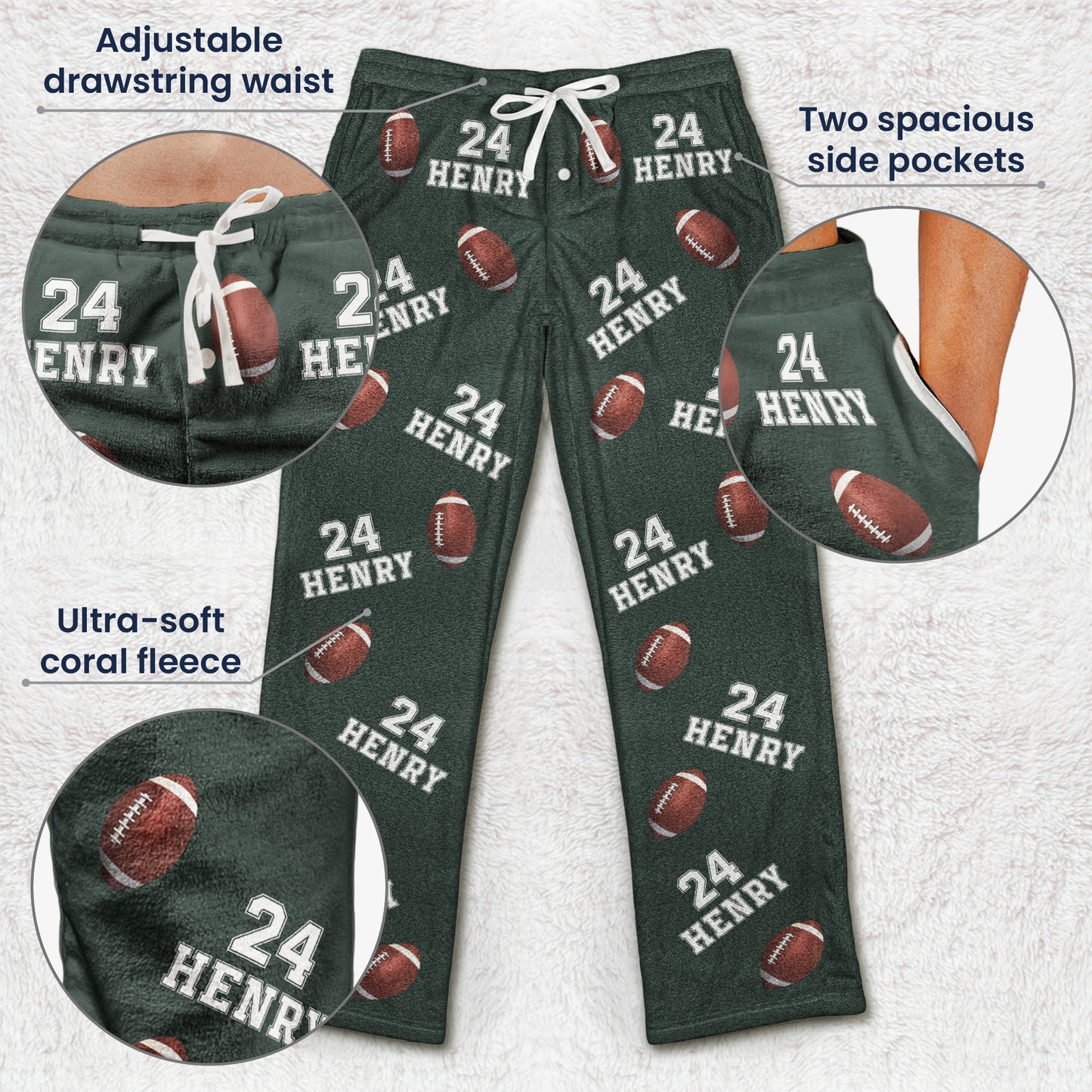 Custom Name, Number Baseball, Basketball, Football, Hockey - Personalized Fleece Pajama Pants