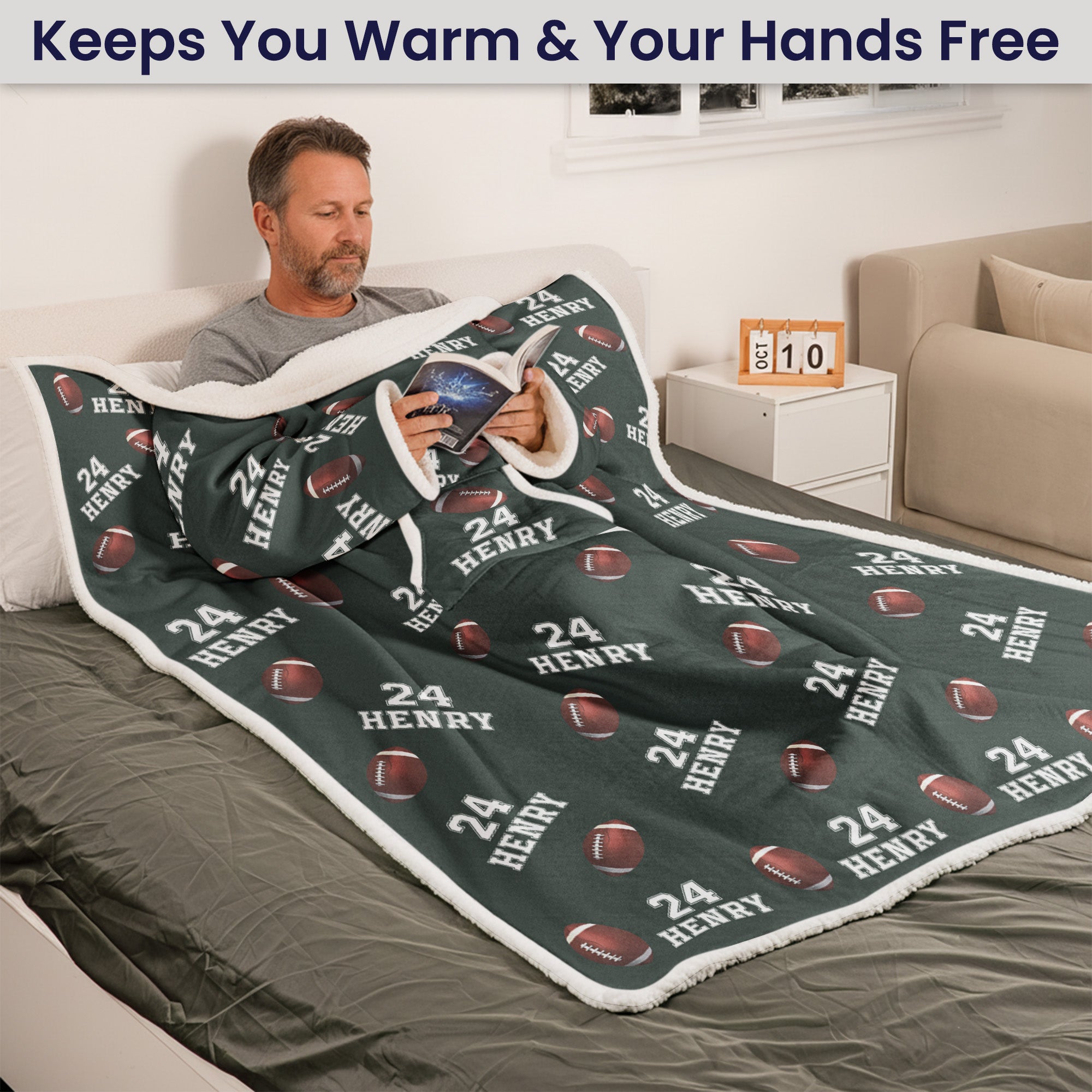 Custom Name, Number Baseball, Basketball, Football, Hockey - Personalized Wearable Blanket With Sleeves