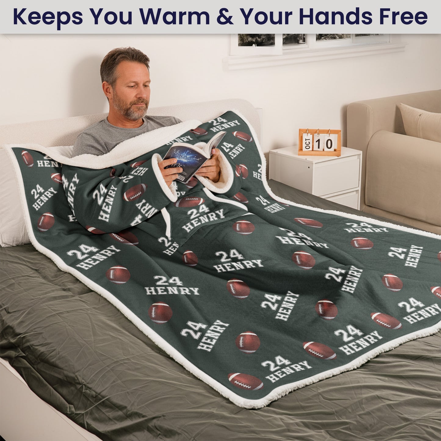 Custom Name, Number Baseball, Basketball, Football, Hockey - Personalized Wearable Blanket With Sleeves