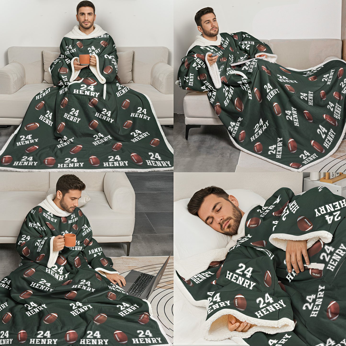 Custom Name, Number Baseball, Basketball, Football, Hockey - Personalized Wearable Blanket With Sleeves