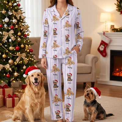 Custom Pet Photo Cartoon Style Striped Pajamas For Pet Lovers - Personalized Pajamas