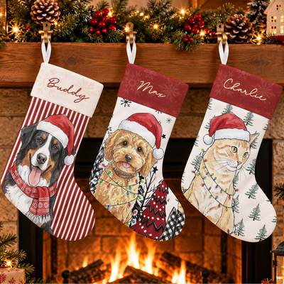 Custom Pet Photo Watercolor Art Christmas Winter Decor Gift - Personalized Stocking