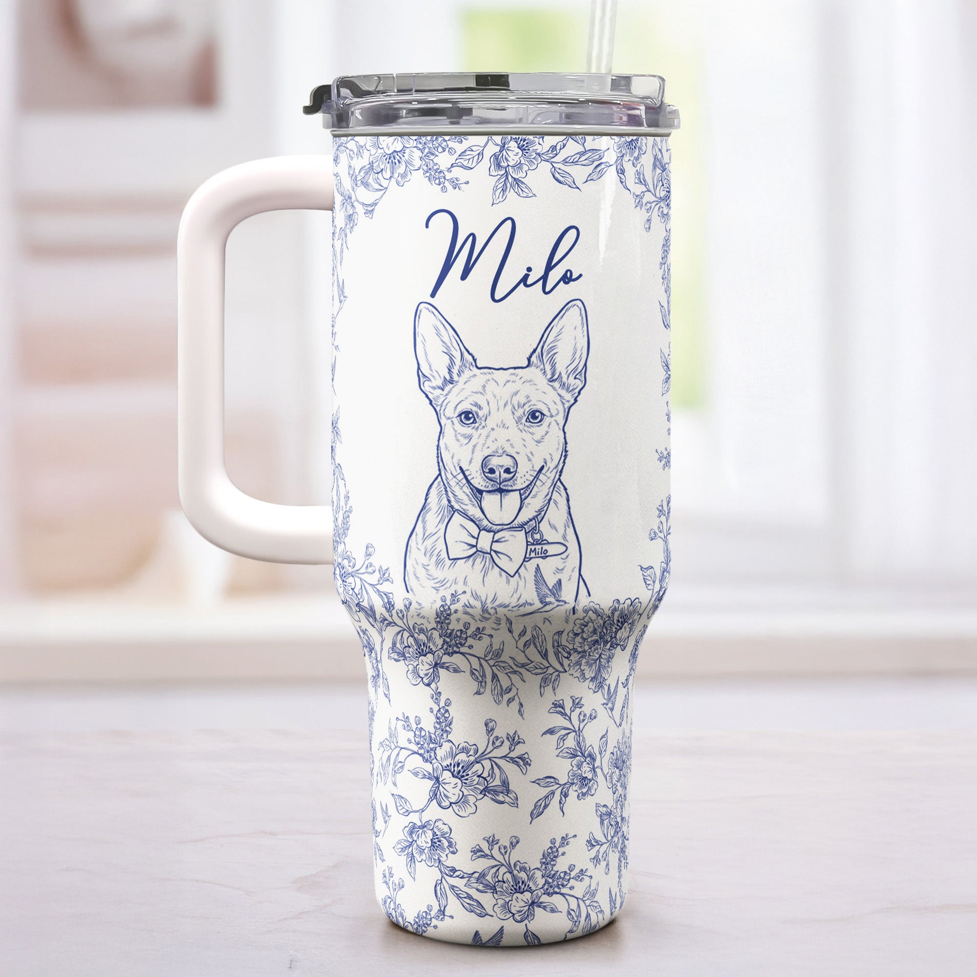 Custom Pet Portrait 40oz Tumbler For Dog Lover, Cat Lover - Personalized 40oz Tumbler With Straw