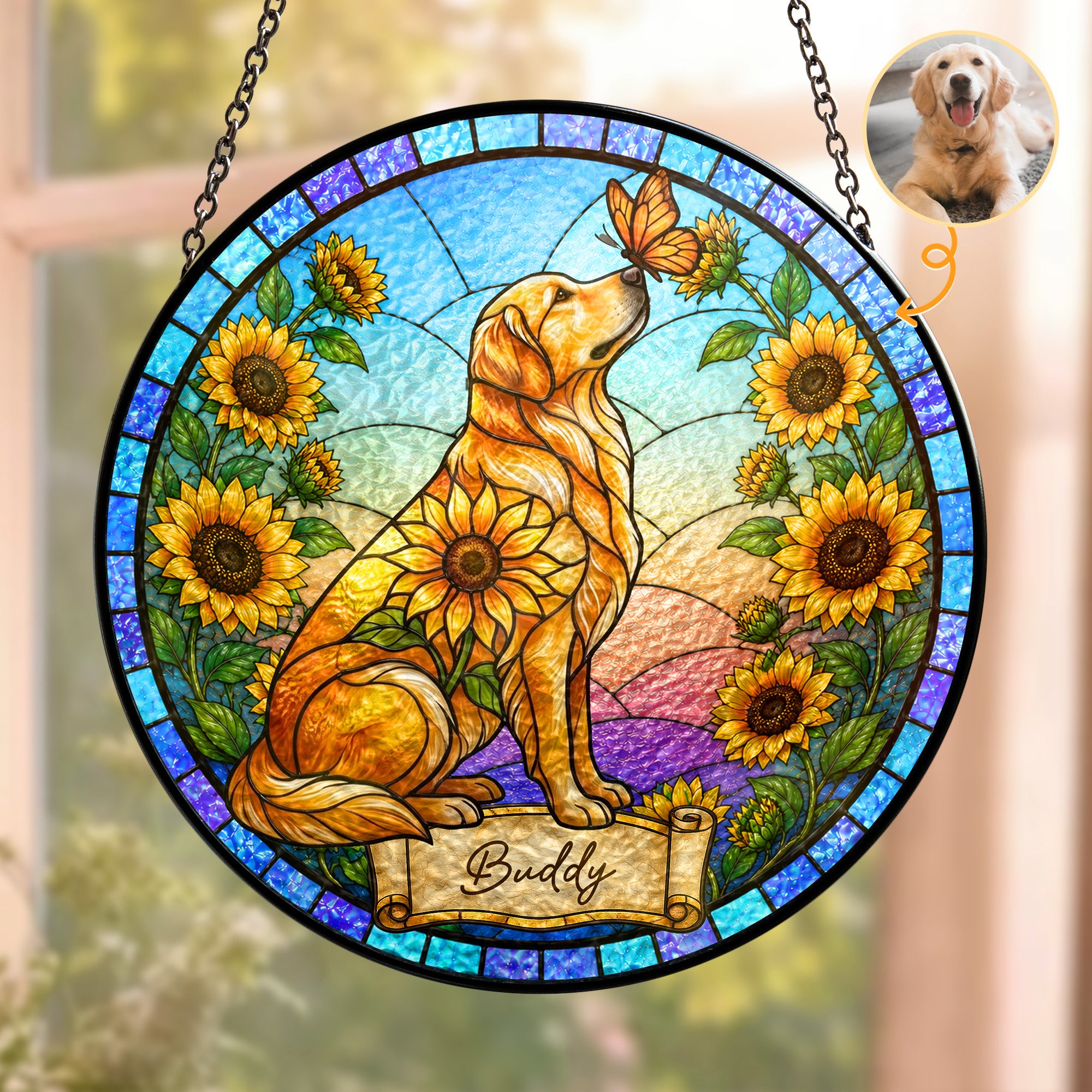 Custom Pet Portrait Memorial Sunflower - Personalized Window Hanging Suncatcher