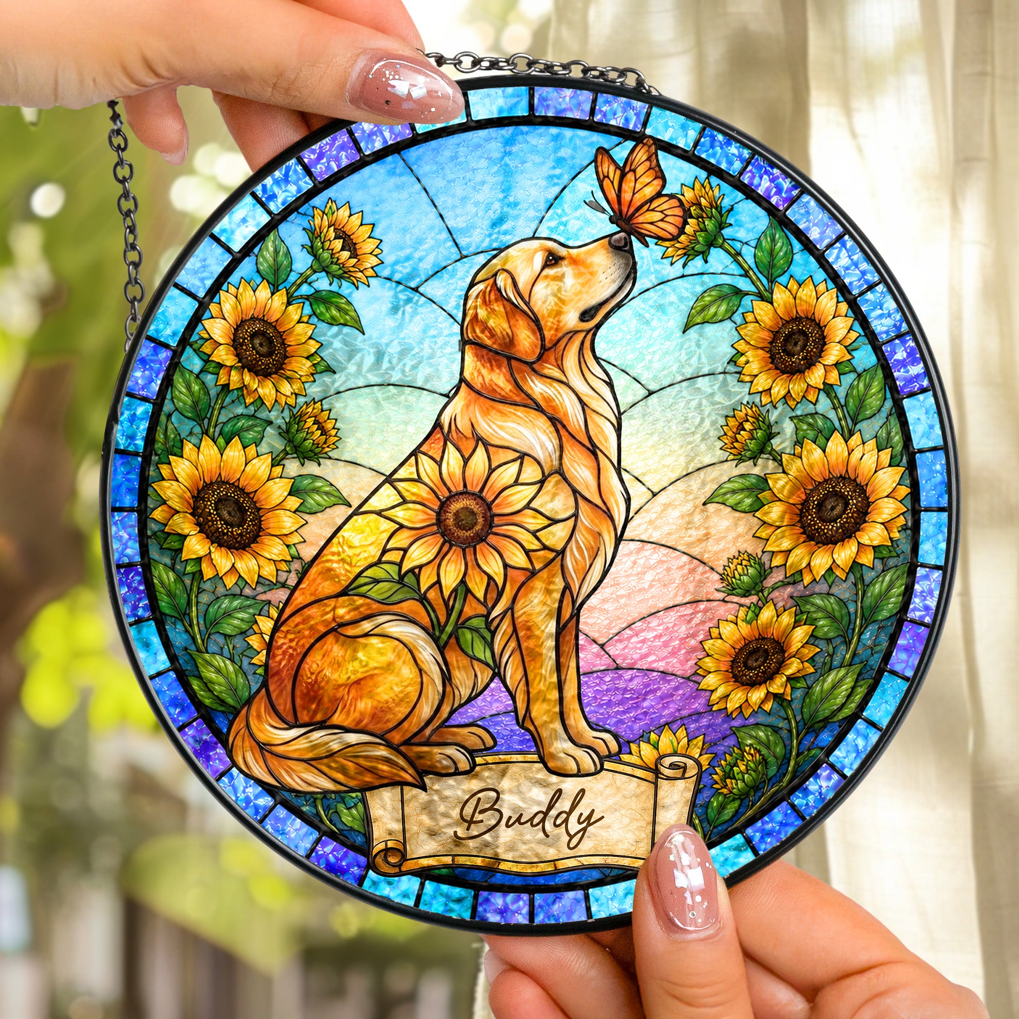 Custom Pet Portrait Memorial Sunflower - Personalized Window Hanging Suncatcher