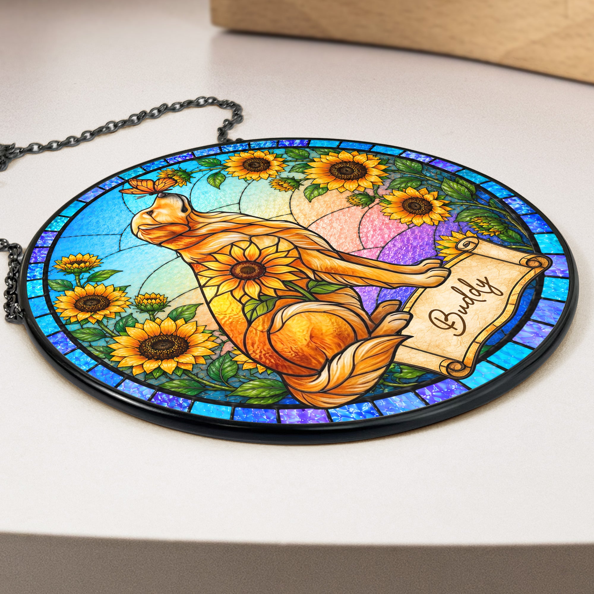 Custom Pet Portrait Memorial Sunflower - Personalized Window Hanging Suncatcher