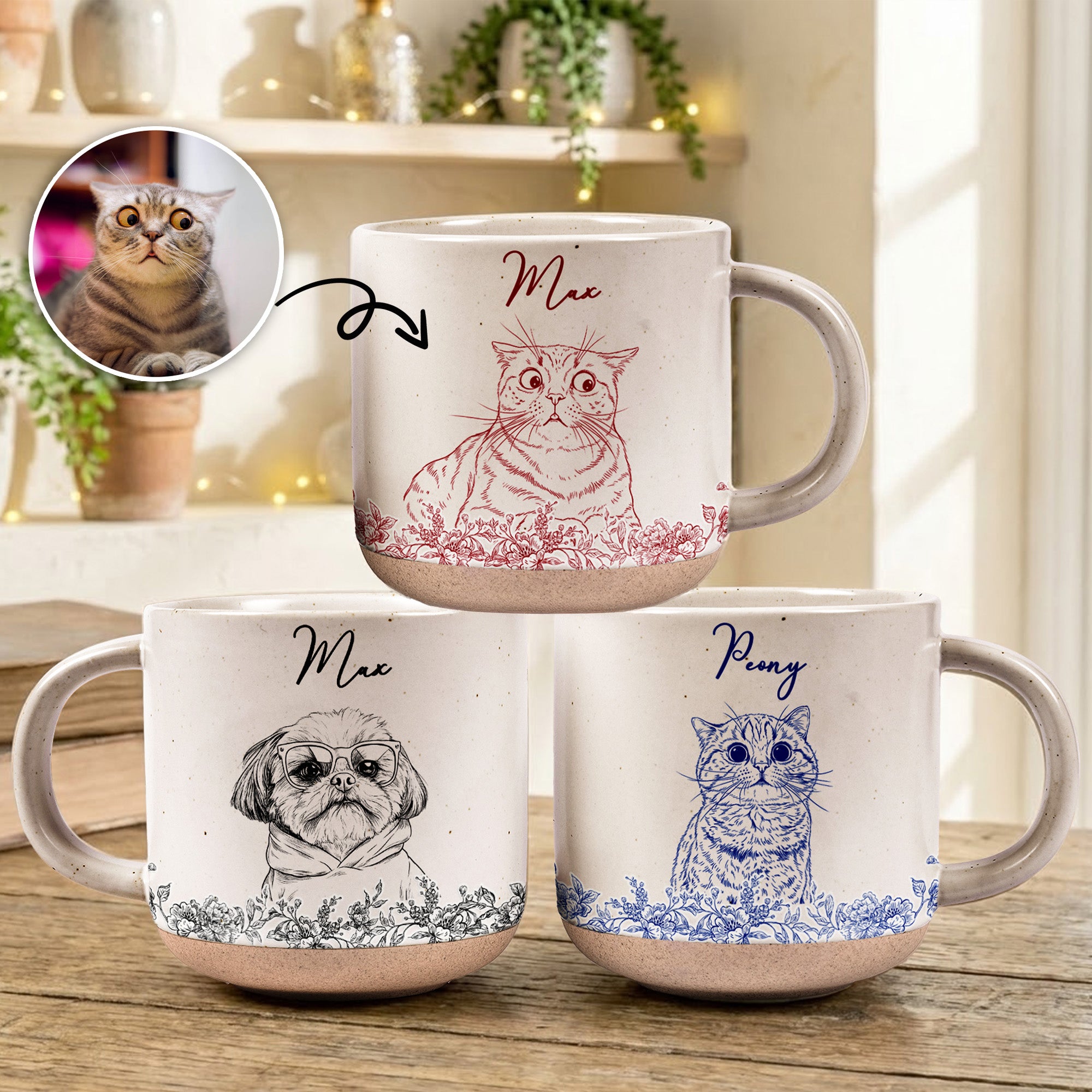 Custom Pet Portrait Mug For Pet Lovers, Dog Mom, Cat Mom - Personalized Photo Pottery Mug