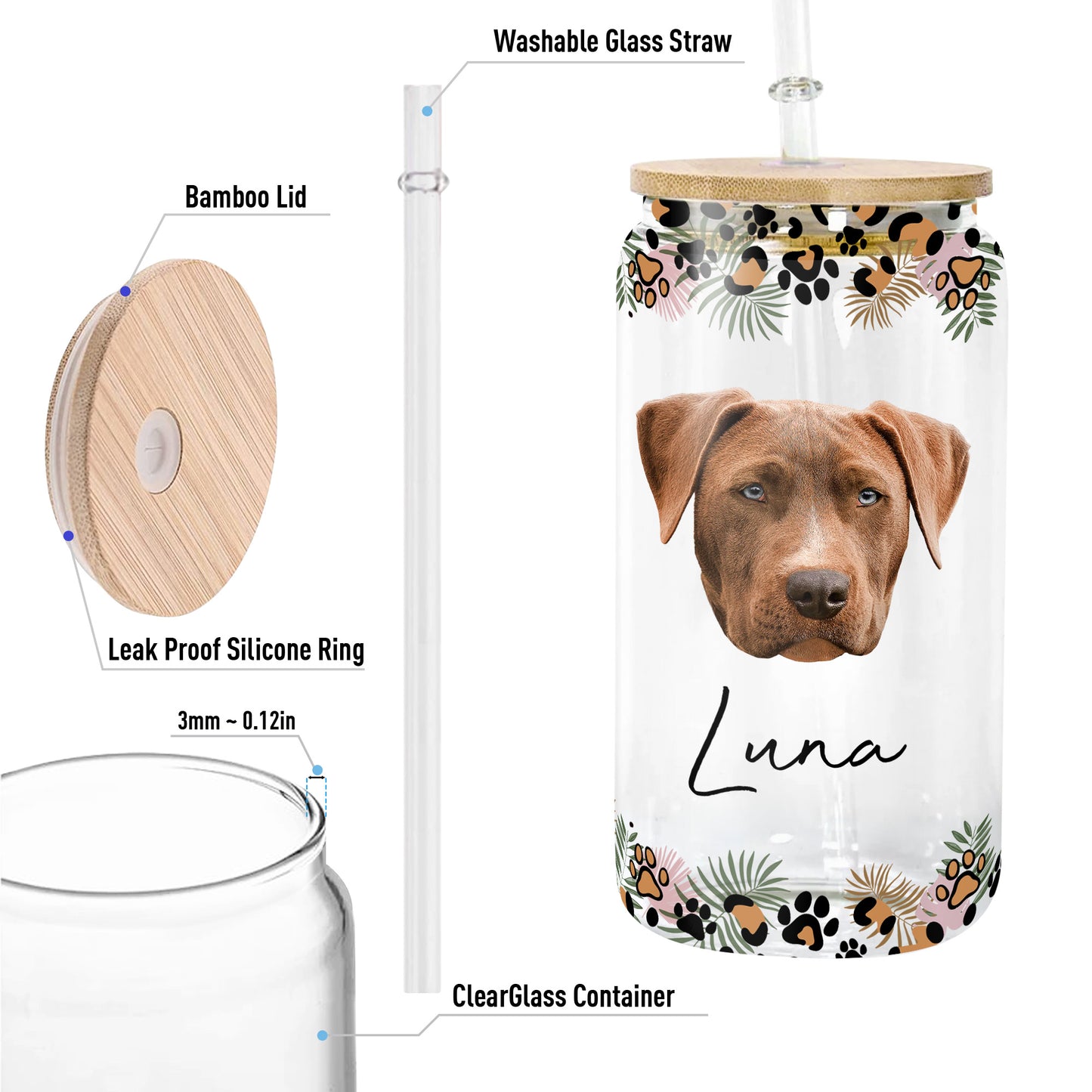 Custom Pet Portrait - Personalized Photo Clear Glass Cup