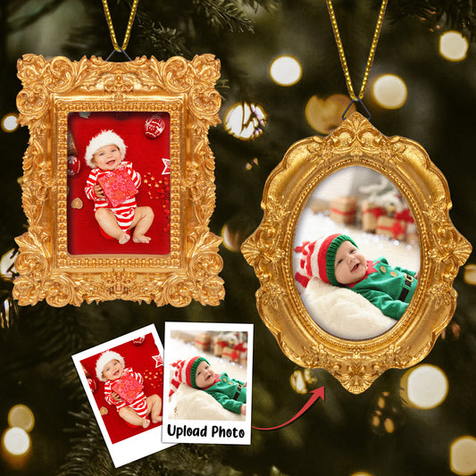 Custom Photo Baby First Christmas - Personalized Vintage Picture Frame Ornament