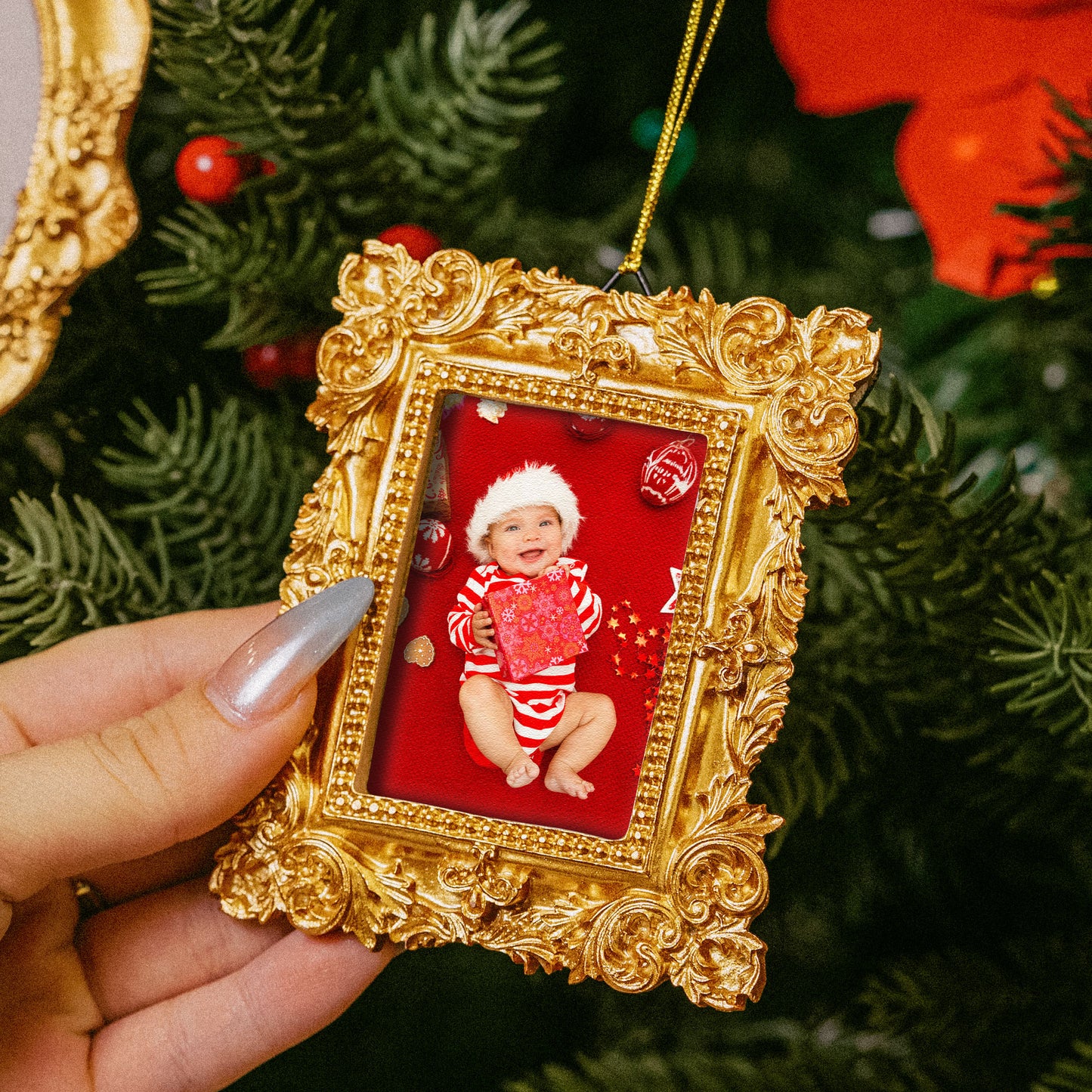Custom Photo Baby First Christmas - Personalized Vintage Picture Frame Ornament