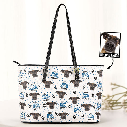 Custom Photo Best Dog Mom Cat Mom - Personalized Leather Tote Bag