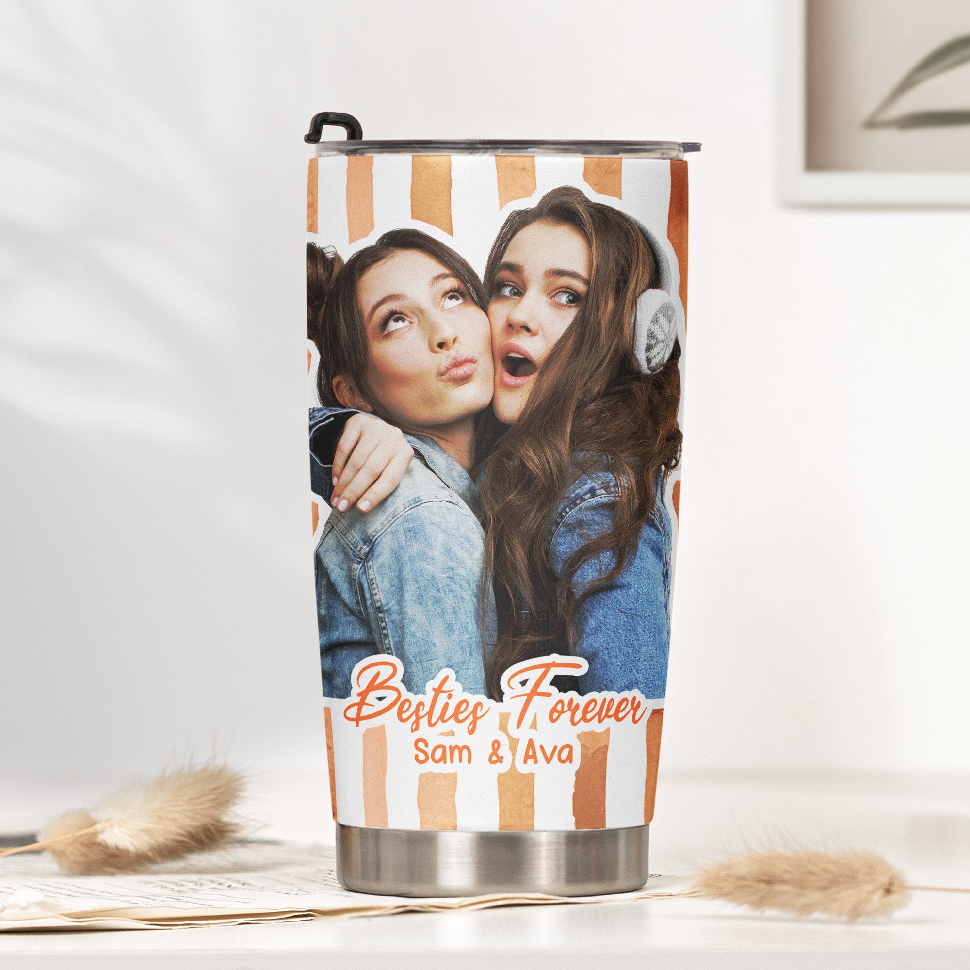 Custom Photo Bestie Cup Stripe Besties Picture - Personalized Photo Tumbler Cup