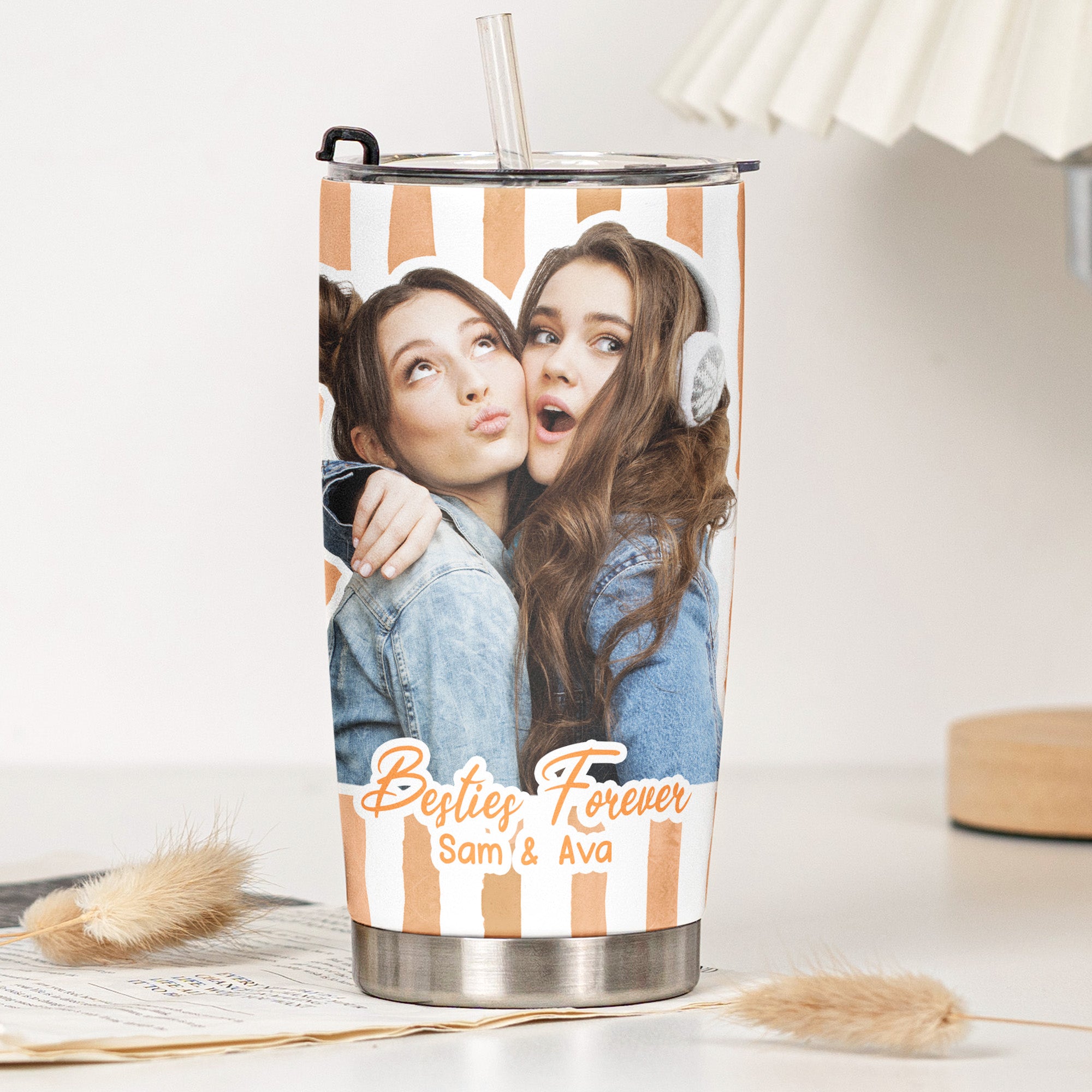 Custom Photo Bestie Cup Stripe Besties Picture - Personalized Photo Tumbler Cup