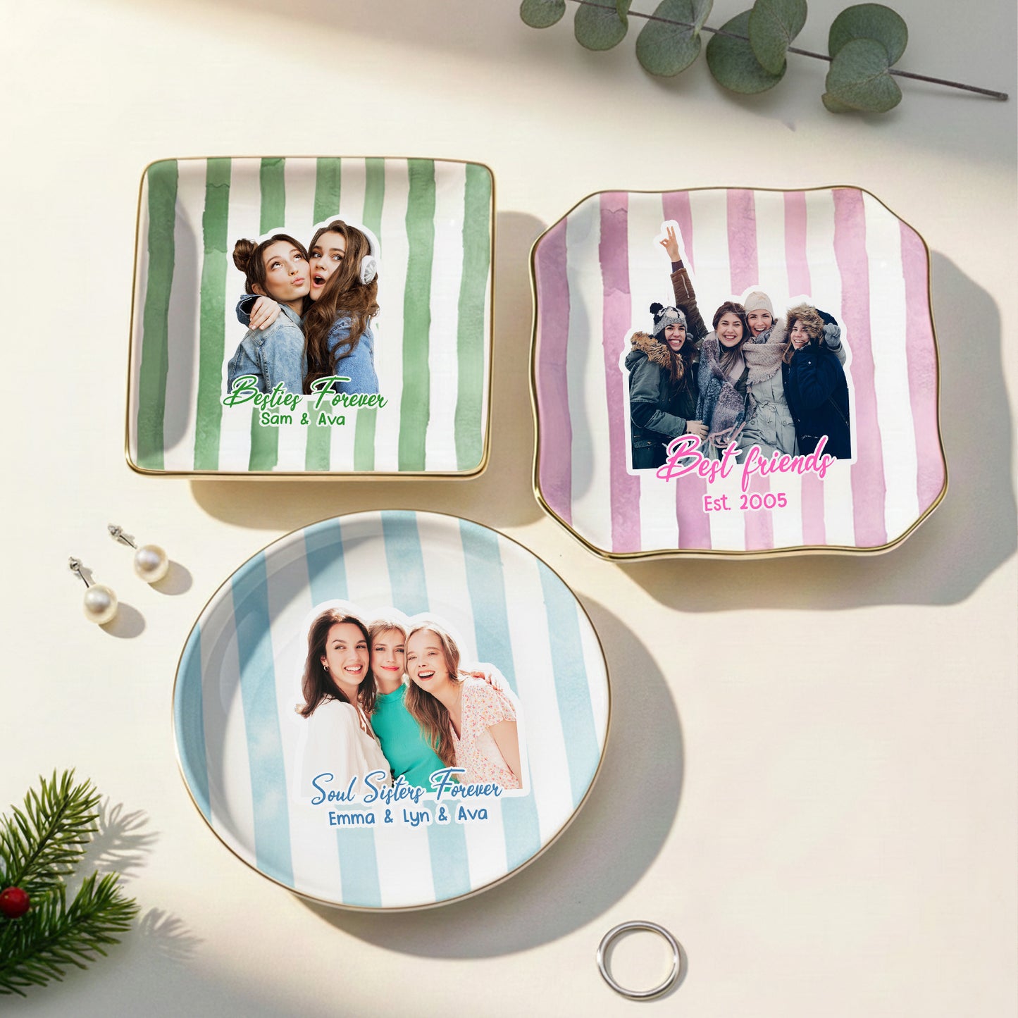 Custom Photo Bestie Jewelry Dish Stripe Besties Picture - Personalized Photo Jewelry Dish