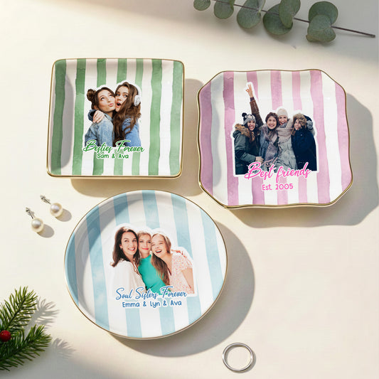 Custom Photo Bestie Jewelry Dish Stripe Besties Picture - Personalized Photo Jewelry Dish