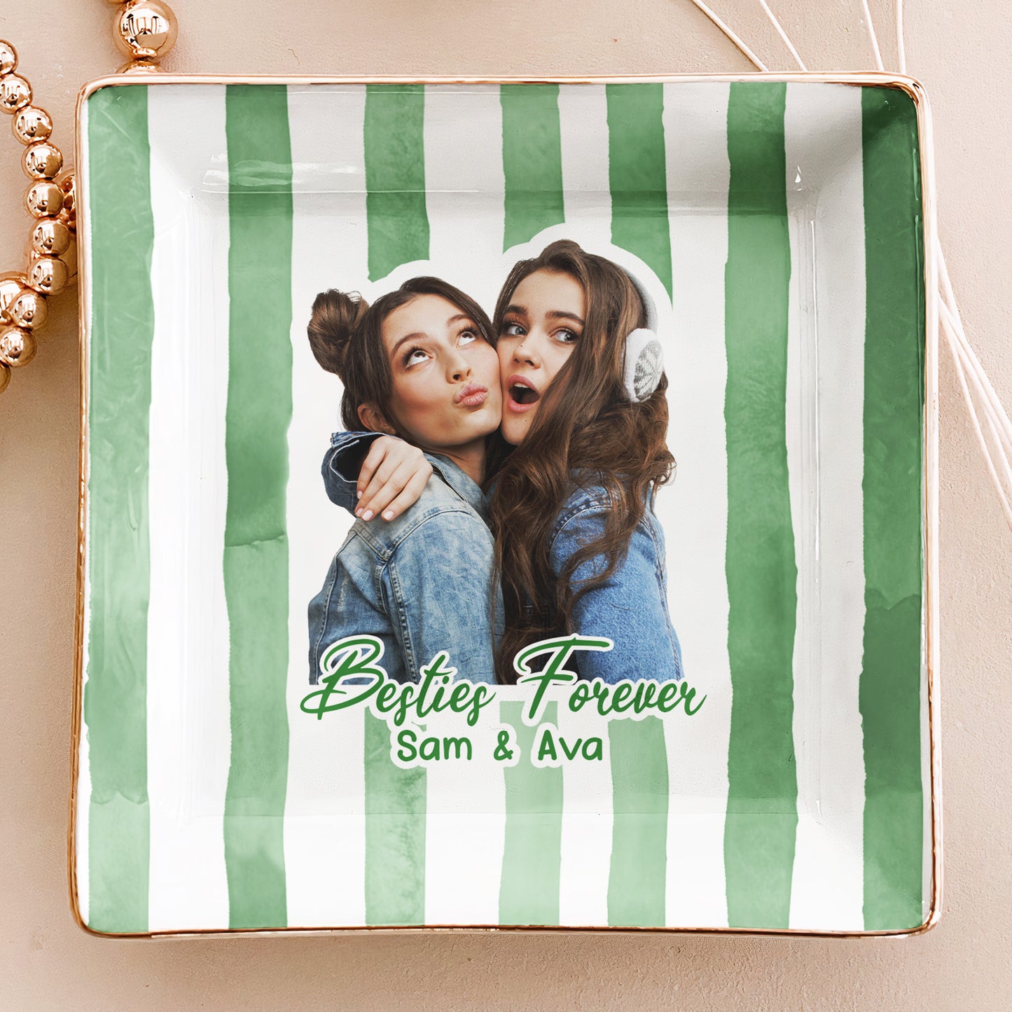 Custom Photo Bestie Jewelry Dish Stripe Besties Picture - Personalized Photo Jewelry Dish