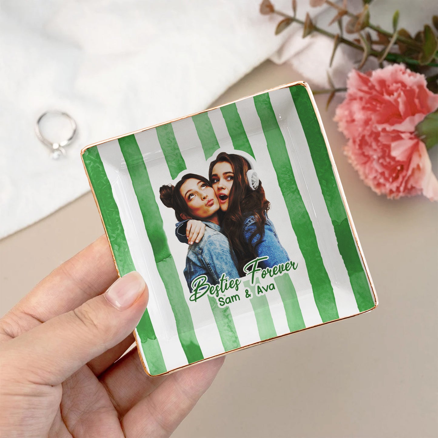 Custom Photo Bestie Jewelry Dish Stripe Besties Picture - Personalized Photo Jewelry Dish