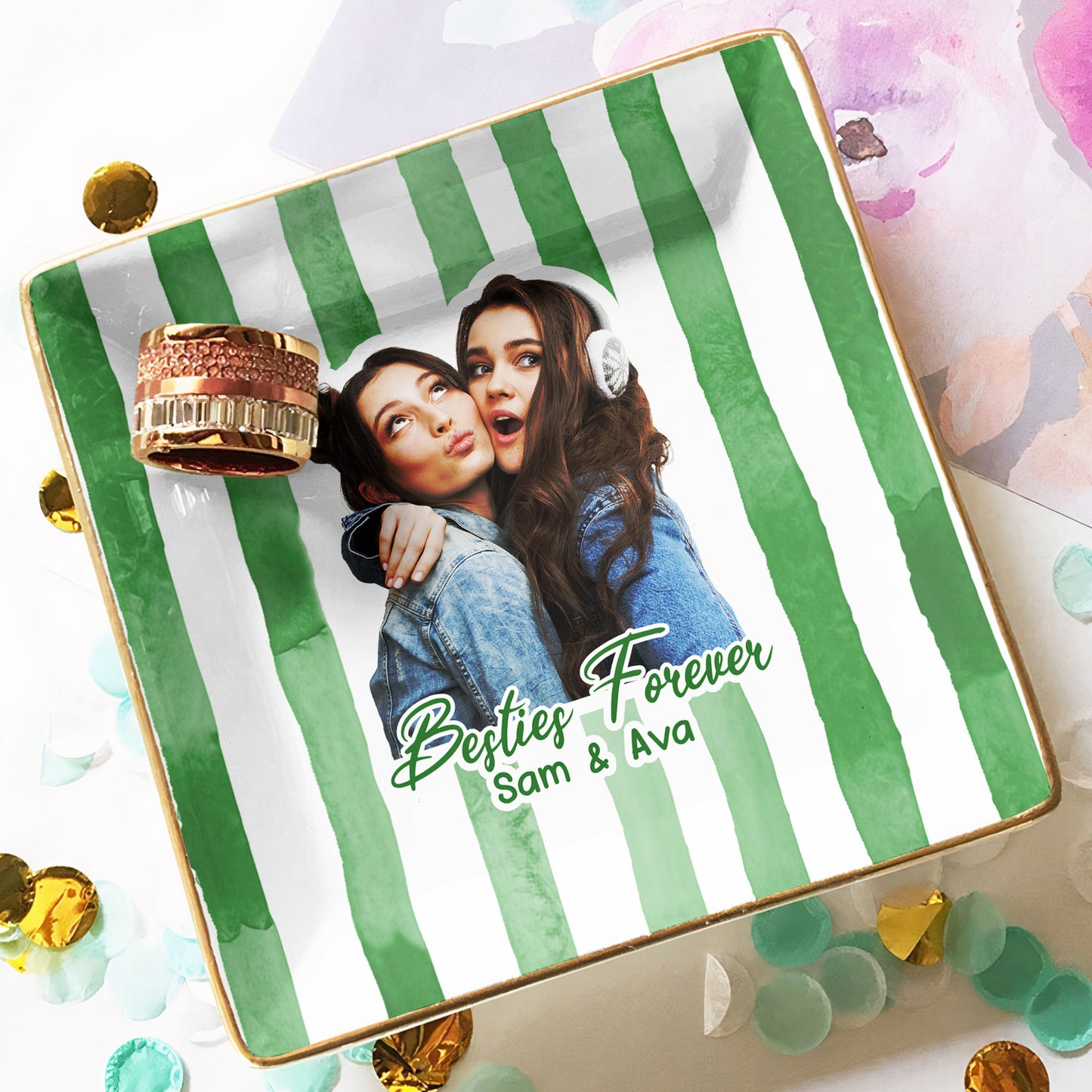 Custom Photo Bestie Jewelry Dish Stripe Besties Picture - Personalized Photo Jewelry Dish